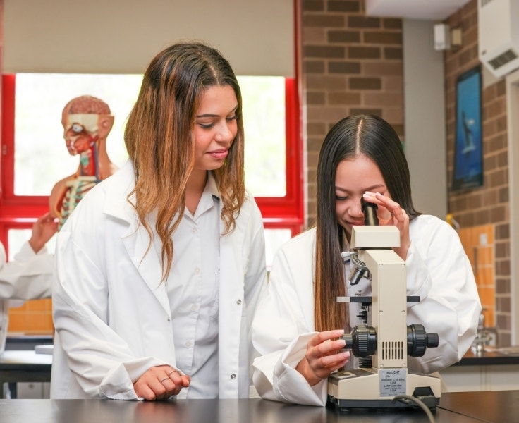 Students using a microscope in a science laboratory