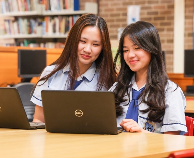 Students working on laptops in the school library