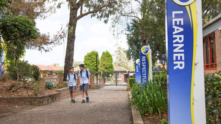 Two students walking into the school
